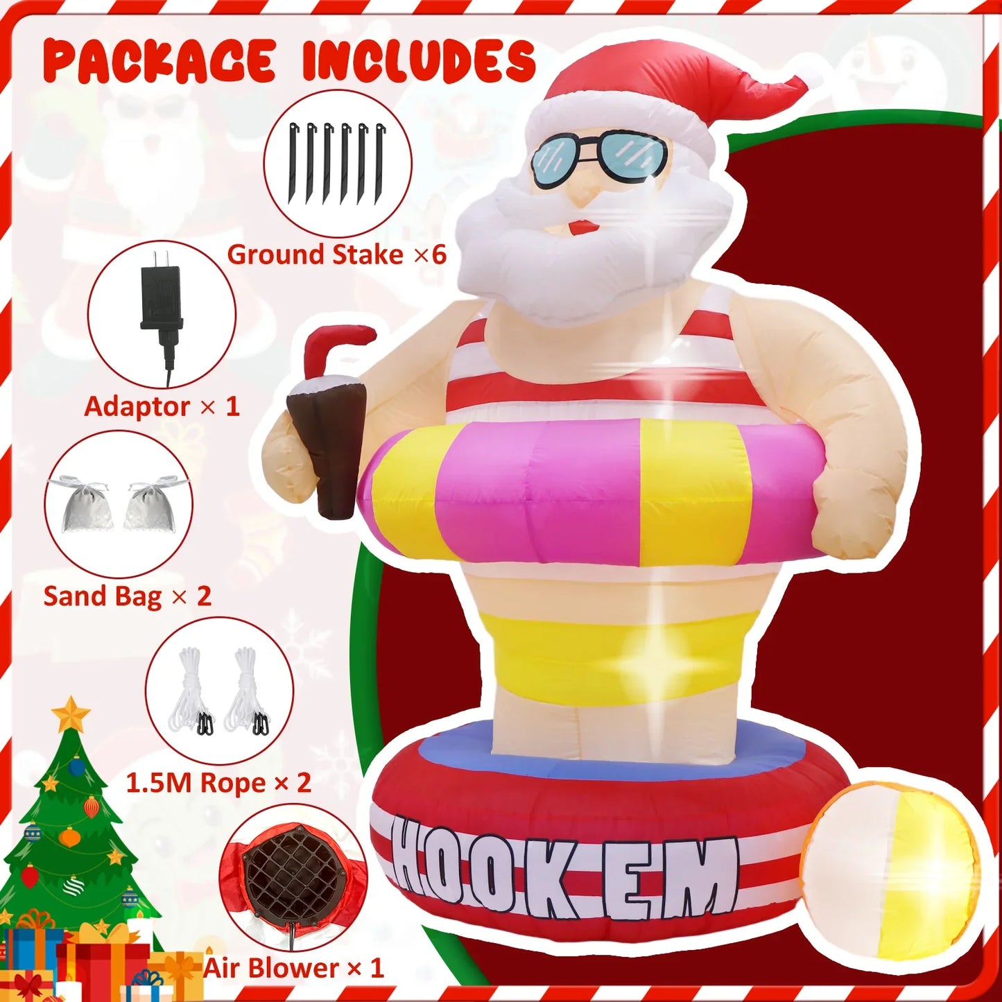 NNEOBA Christmas Hawaii Santa Inflatable Yard Decor LED-3