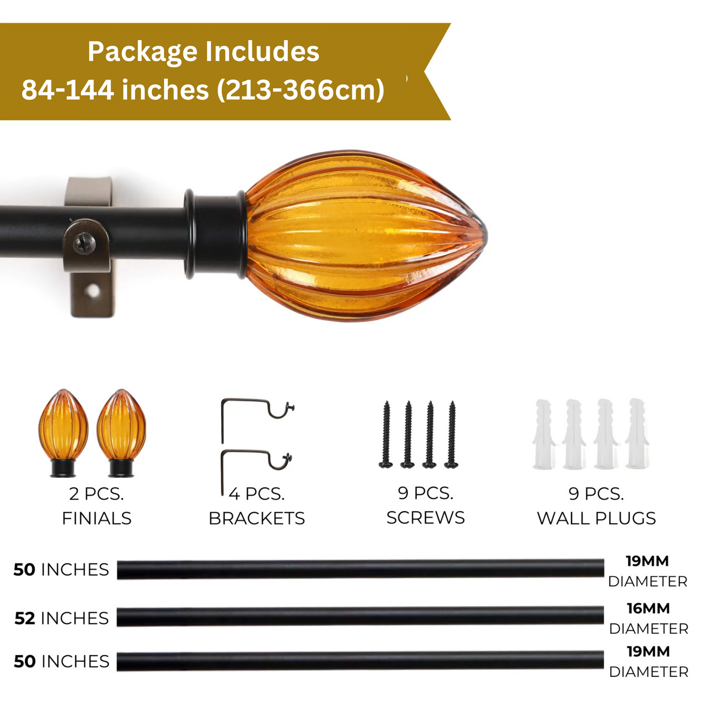Black Extendable Curtain Pole | Chess Board Patterned Wooden Finials | 61-366cm-4