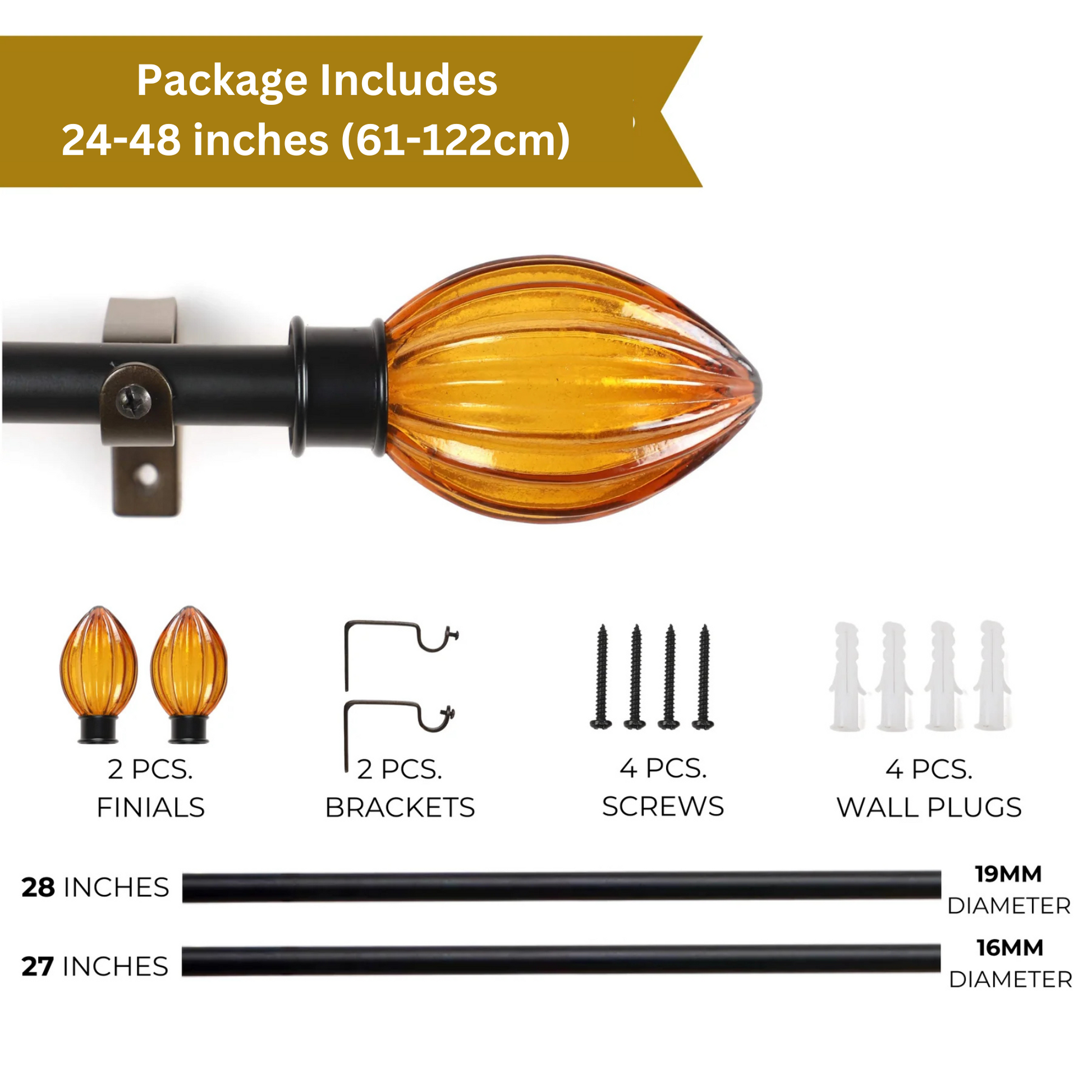 Black Extendable Curtain Pole | Chess Board Patterned Wooden Finials | 61-366cm-2