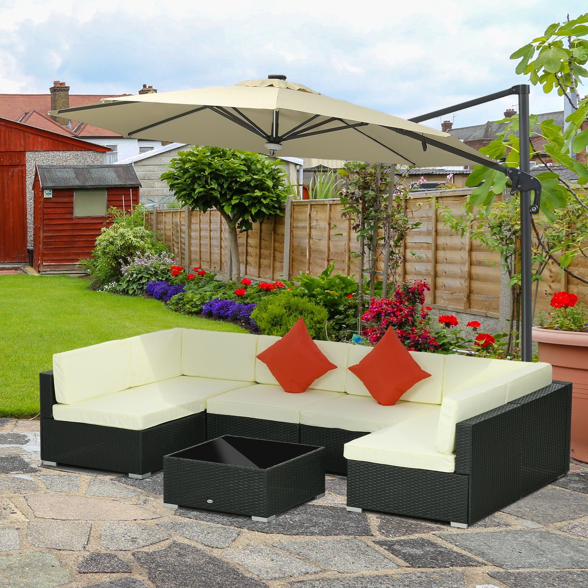 7 Piece PE Rattan Garden Furniture Set with Padded Cushions - Black-1