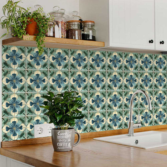 Rustic Flower Green Blue Backsplash for kitchen tiles makeover easy to install Model - R121-1