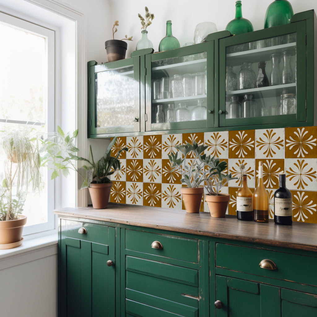 Brown Gold Vintage Flower Design opposite patterns Tile Stickers Model - R1413-4