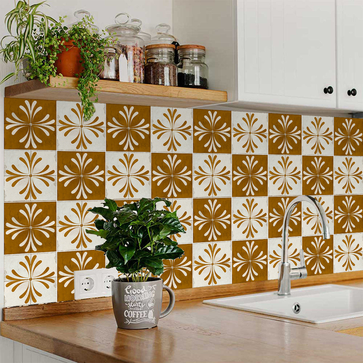 Brown Gold Vintage Flower Design opposite patterns Tile Stickers Model - R1413-1