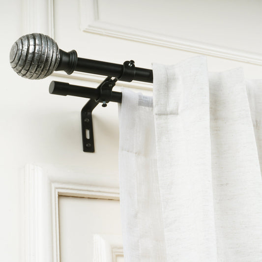 Black Double Curtain Pole Set with Twist Ball Finials - Extendable, Telescopic, Rustproof - 71-122cm, 122-224cm, 213-366cm-1
