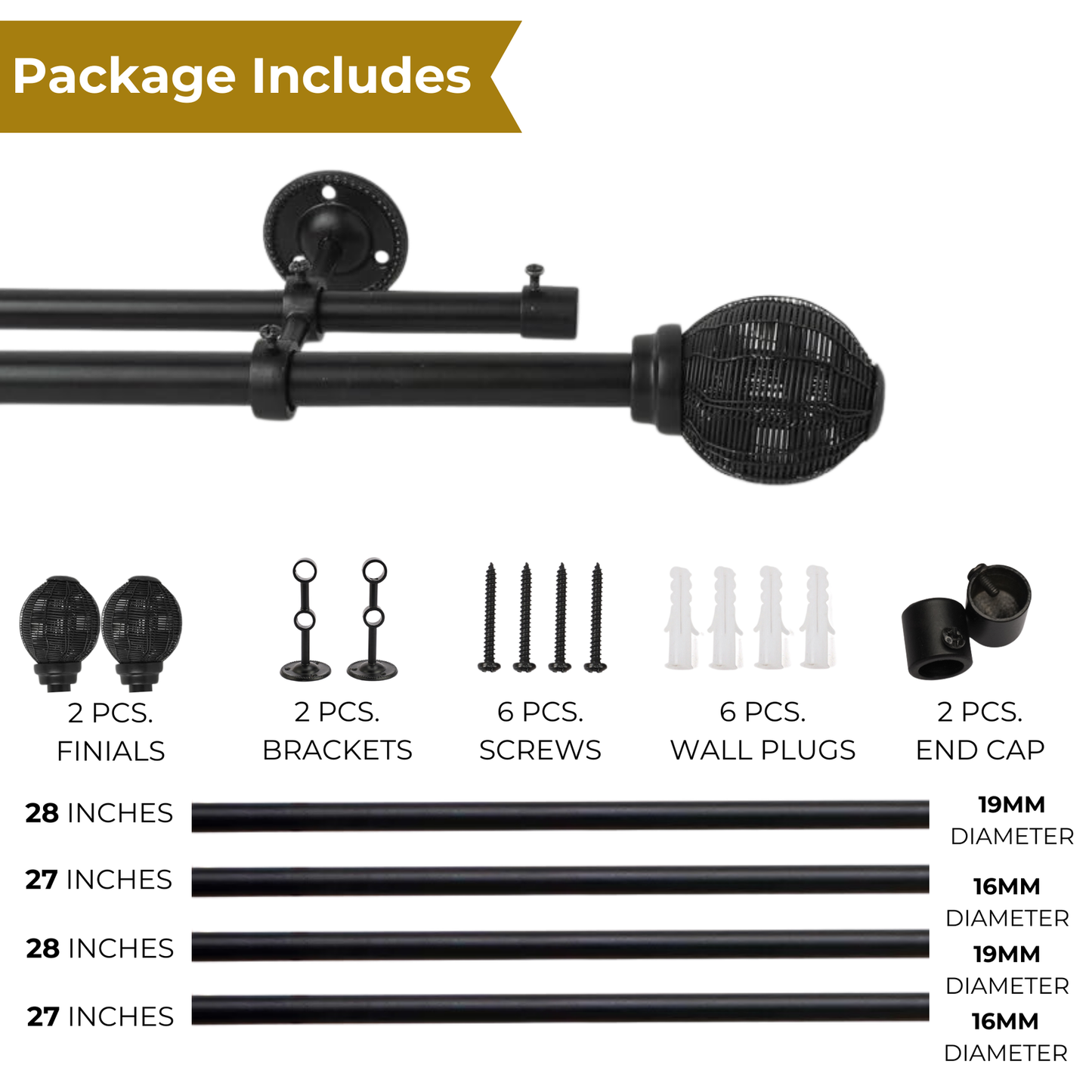Double Curtain Pole | Matt Black | Extendable & Adjustable | 28-144 Inch |  Includes Ball Finials-4