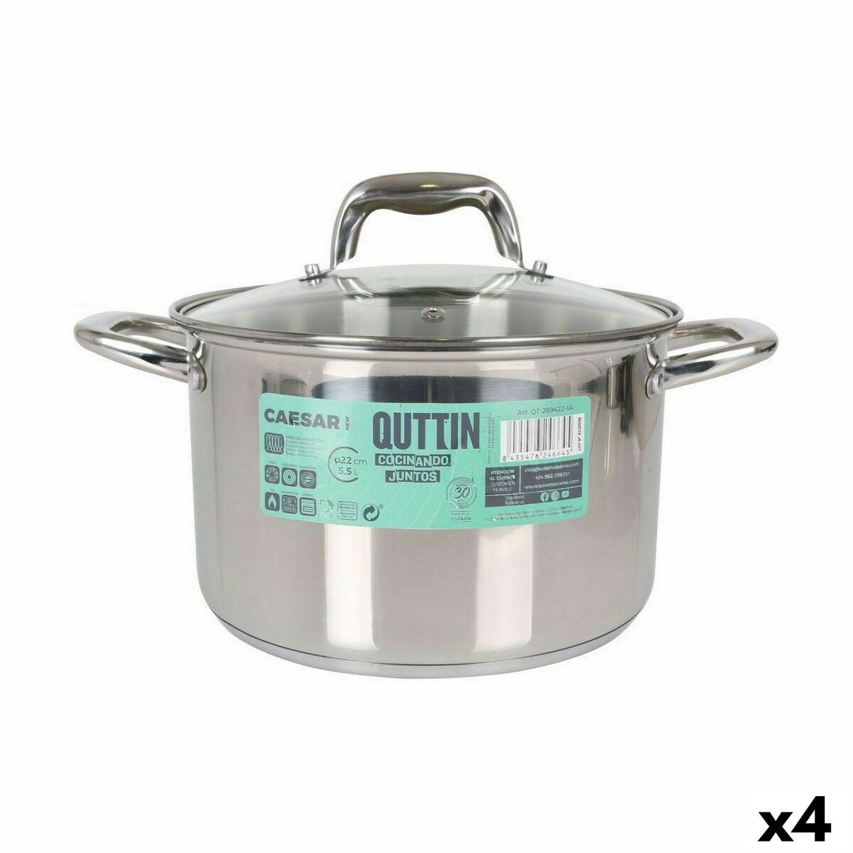 Pot with Glass Lid Quttin Caesar Steel ø 22 x 14,5 cm (4 Units)-0