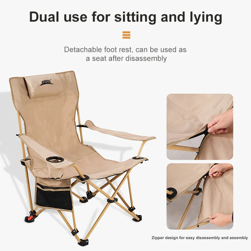 2-in-1 Reclining Camping Chair Adjustable Khaki-3