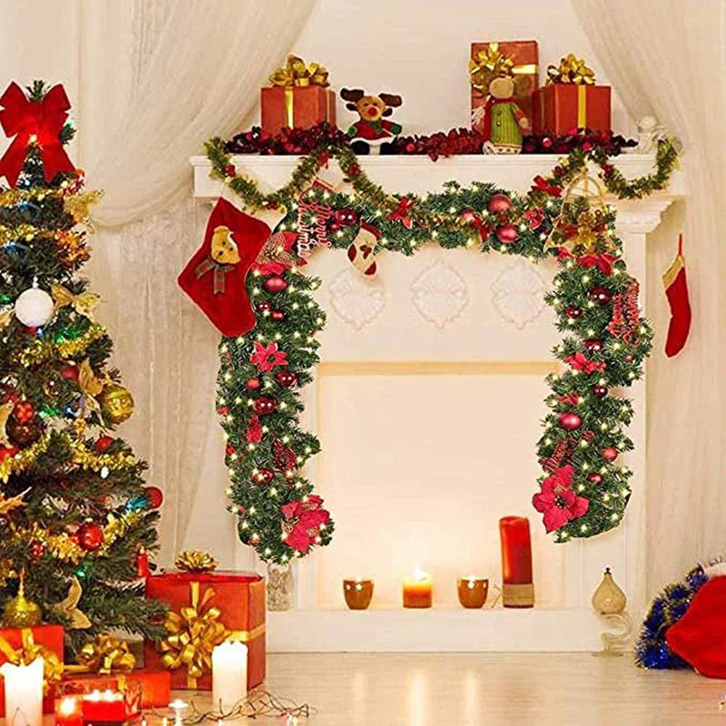 9ft Christmas LED Garland Wreath with Holly, Baubles, and Glitter Finish - Red-2