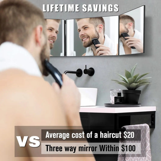 3-Way LED Tri-Fold Hair Cutting Mirror with Adjustable Brightness-1