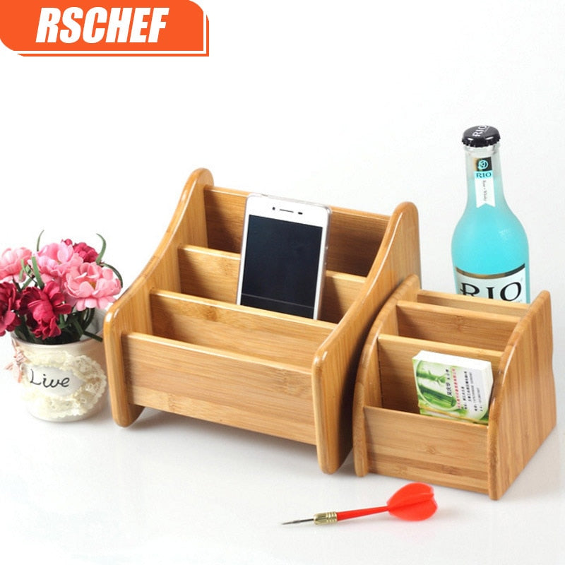 3 Grid Bamboo Remote Control Storage Box Stationery Remote Control Headphone Cable Cell Phone Desktop Storage Box Organizer-1