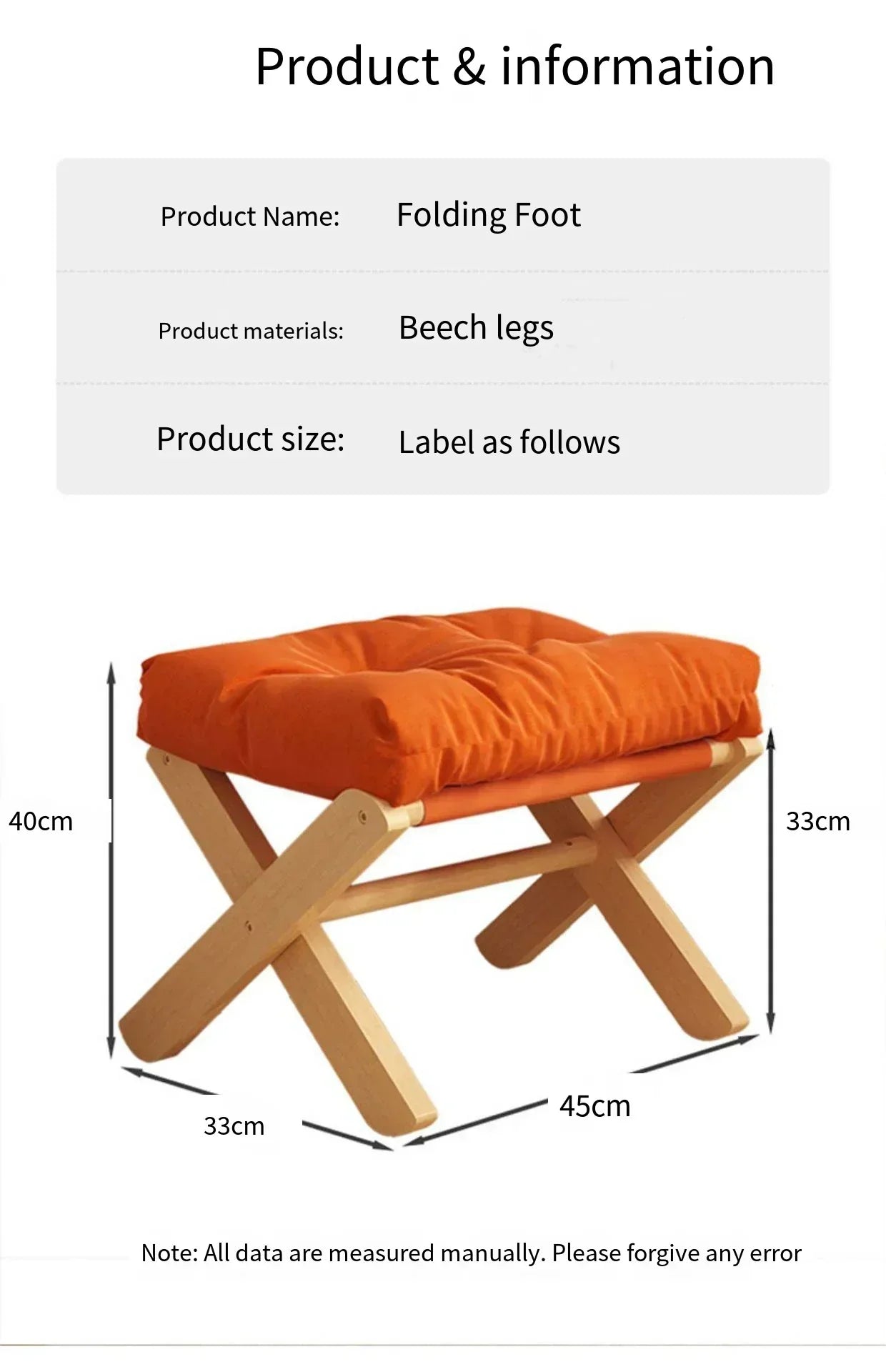 Foldable Beech Wooden Foot Stool with Soft Cushion - Orange-3