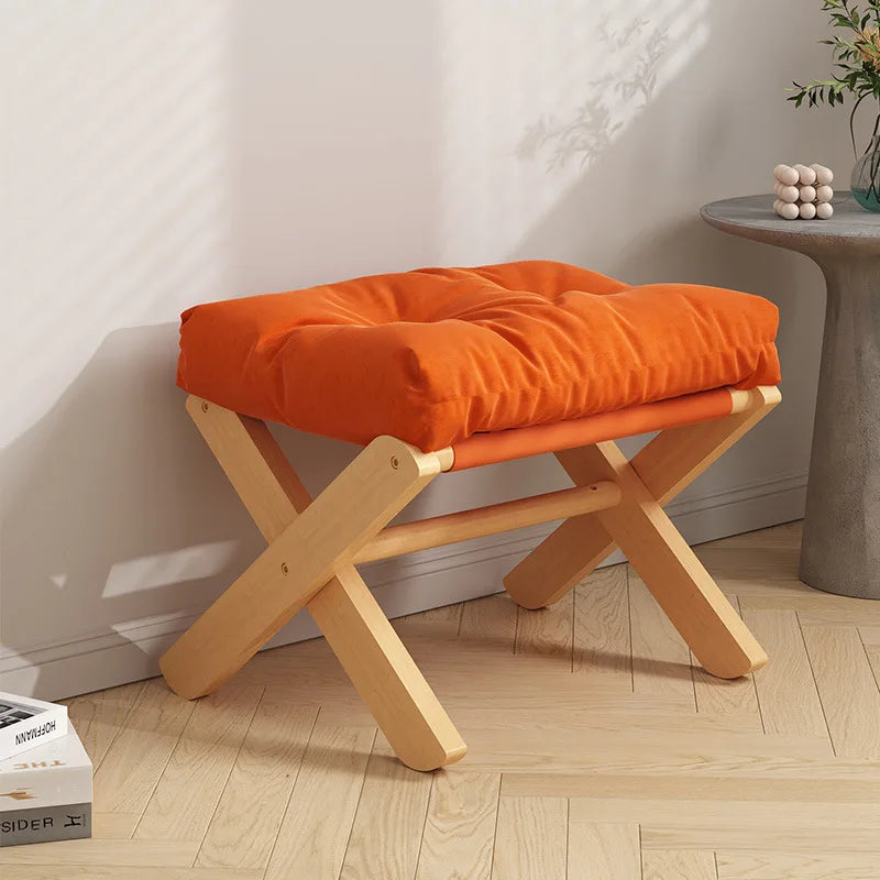 Foldable Beech Wooden Foot Stool with Soft Cushion - Orange-2