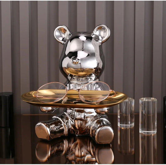Sculpted Elegance: Silver-B Ceramic Electroplated Bear Doll Ornament-1