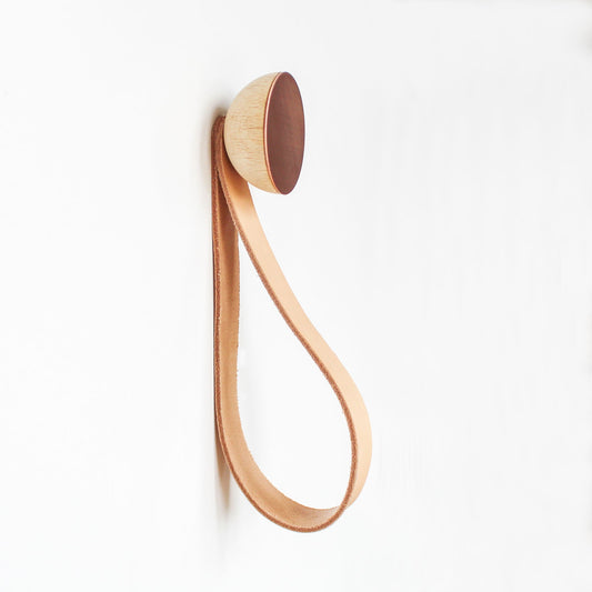 Round Beech Wood & Copper Wall Mounted Coat Hook / Hanger with Leather Strap-0