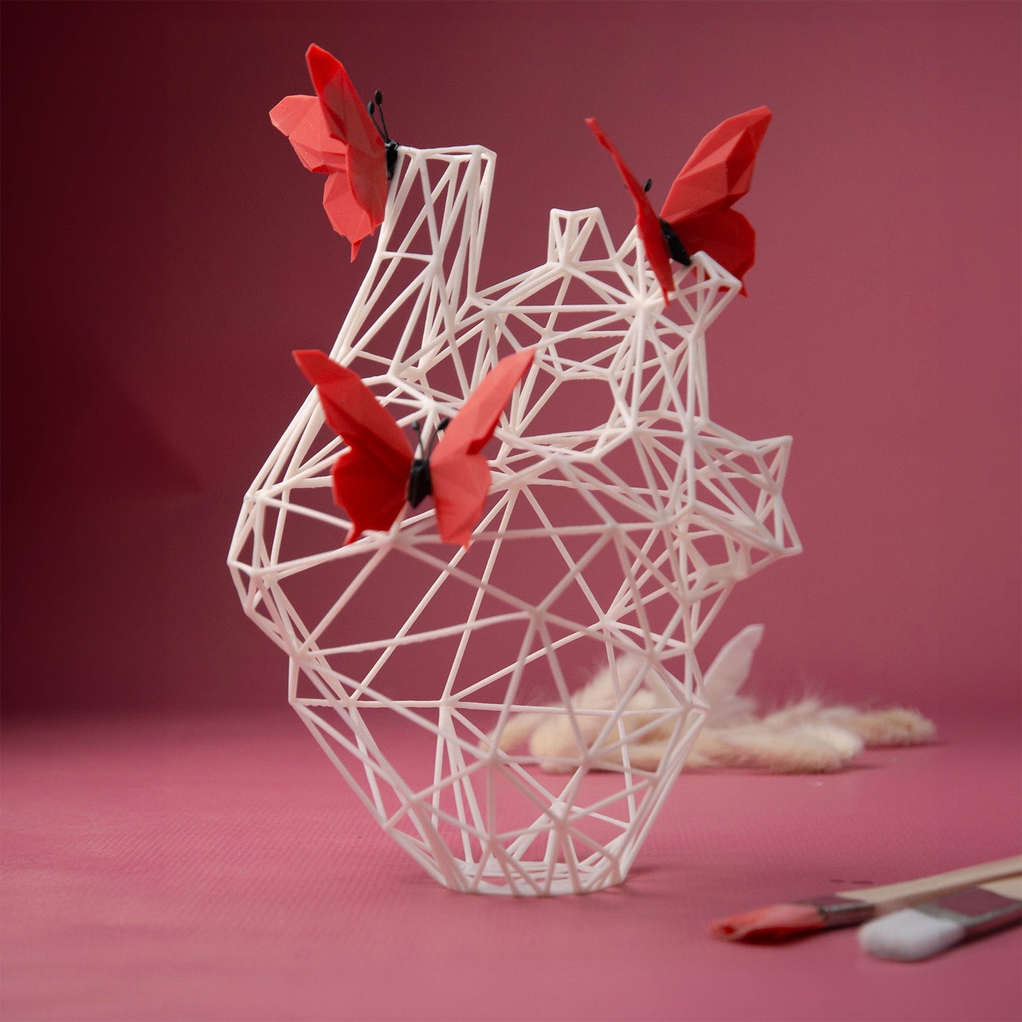 White Heart Sculpture with Red Butterflies – Art Collaboration -  Romantic Home Decor - “U Can Give Me Butterflies”-0