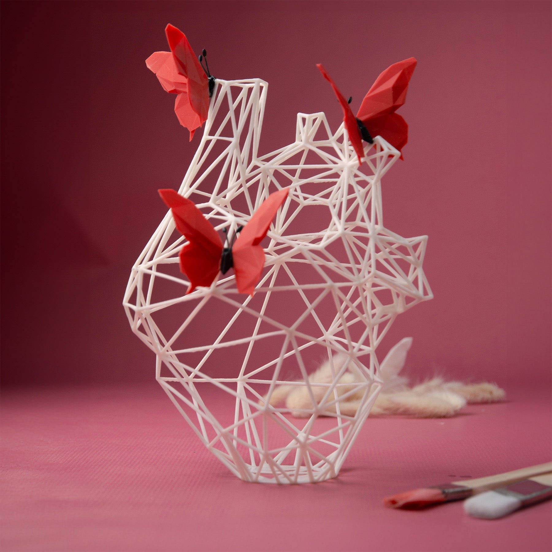 White Heart Sculpture with Red Butterflies – Art Collaboration -  Romantic Home Decor - “U Can Give Me Butterflies”-0