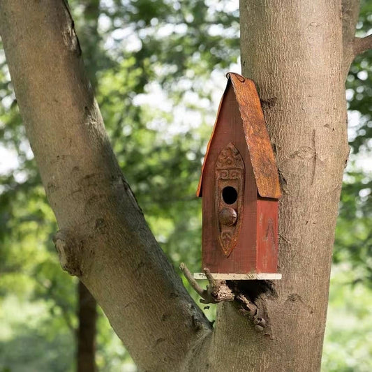 Outdoor Garden Rustic Brown Solid Wood and Iron Bird House-1