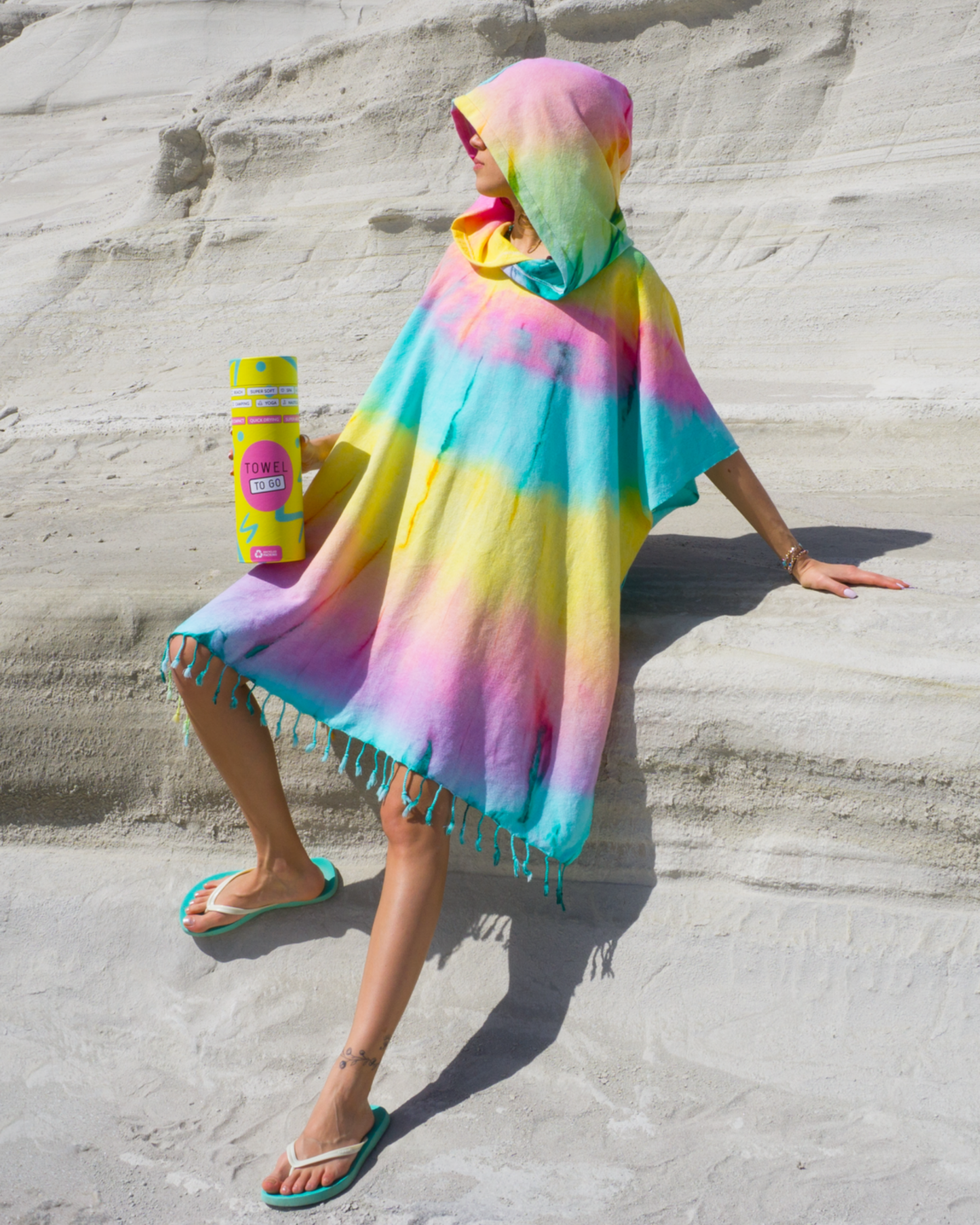 Tie Dye Hooded Beach Poncho with Recycled Gift Box, Pink, Green-0