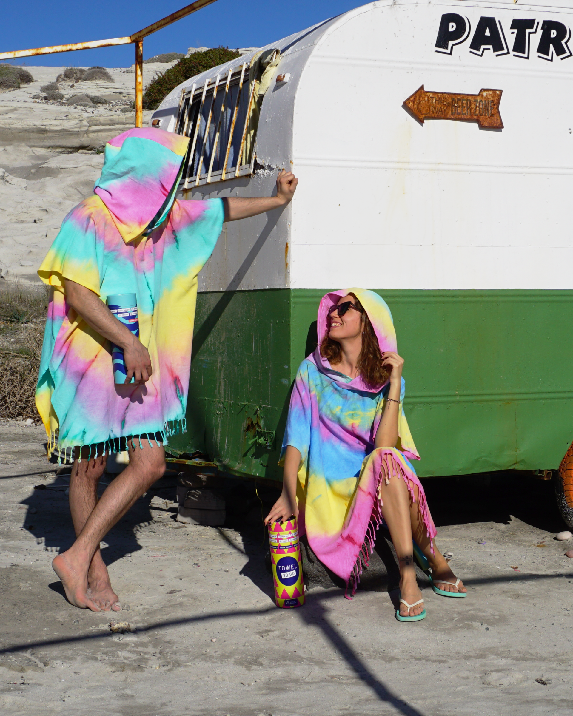 Tie Dye Hooded Beach Poncho with Recycled Gift Box, Pink, Green-2
