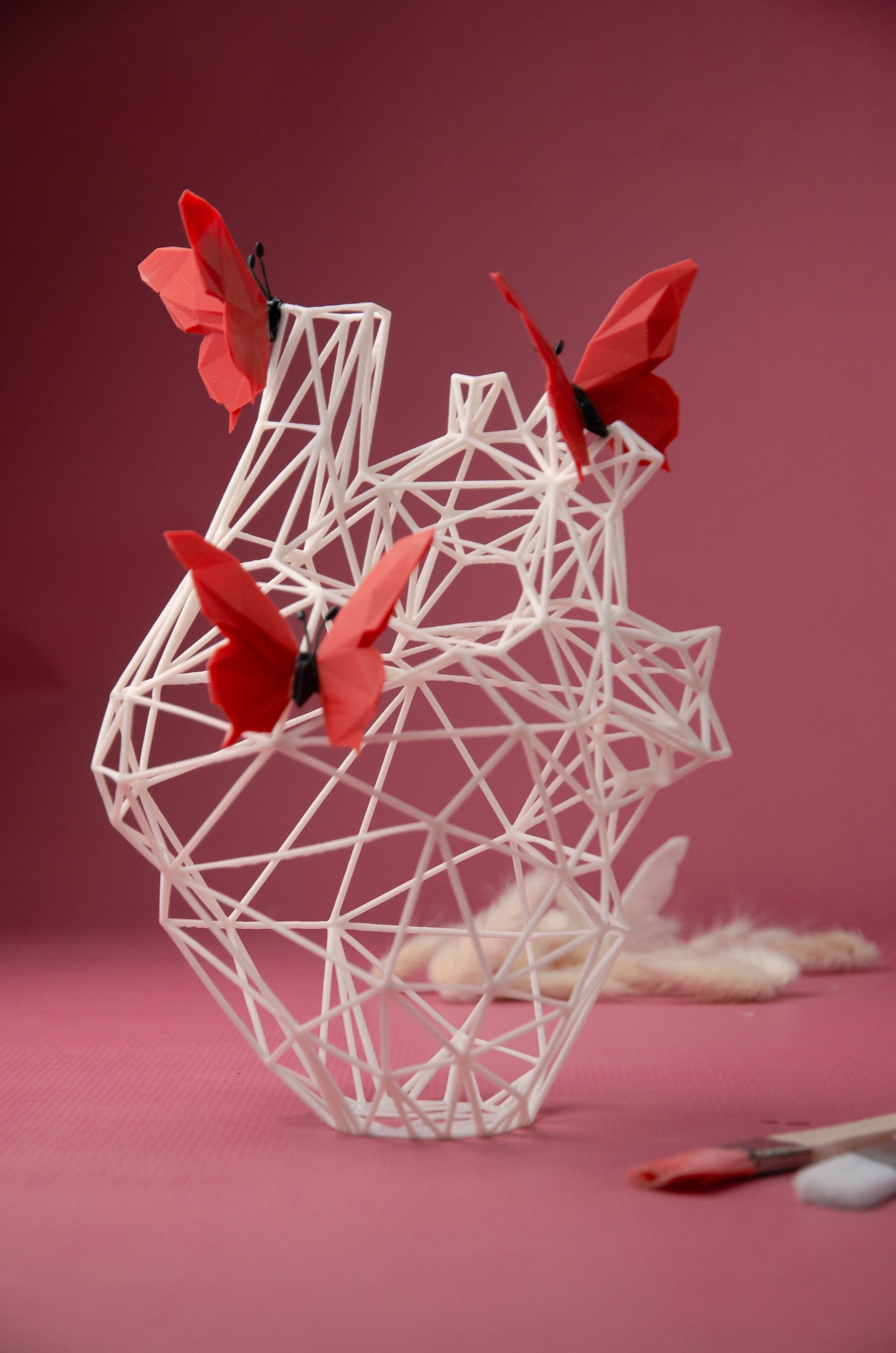 White Heart Sculpture with Red Butterflies – Art Collaboration -  Romantic Home Decor - “U Can Give Me Butterflies”-4