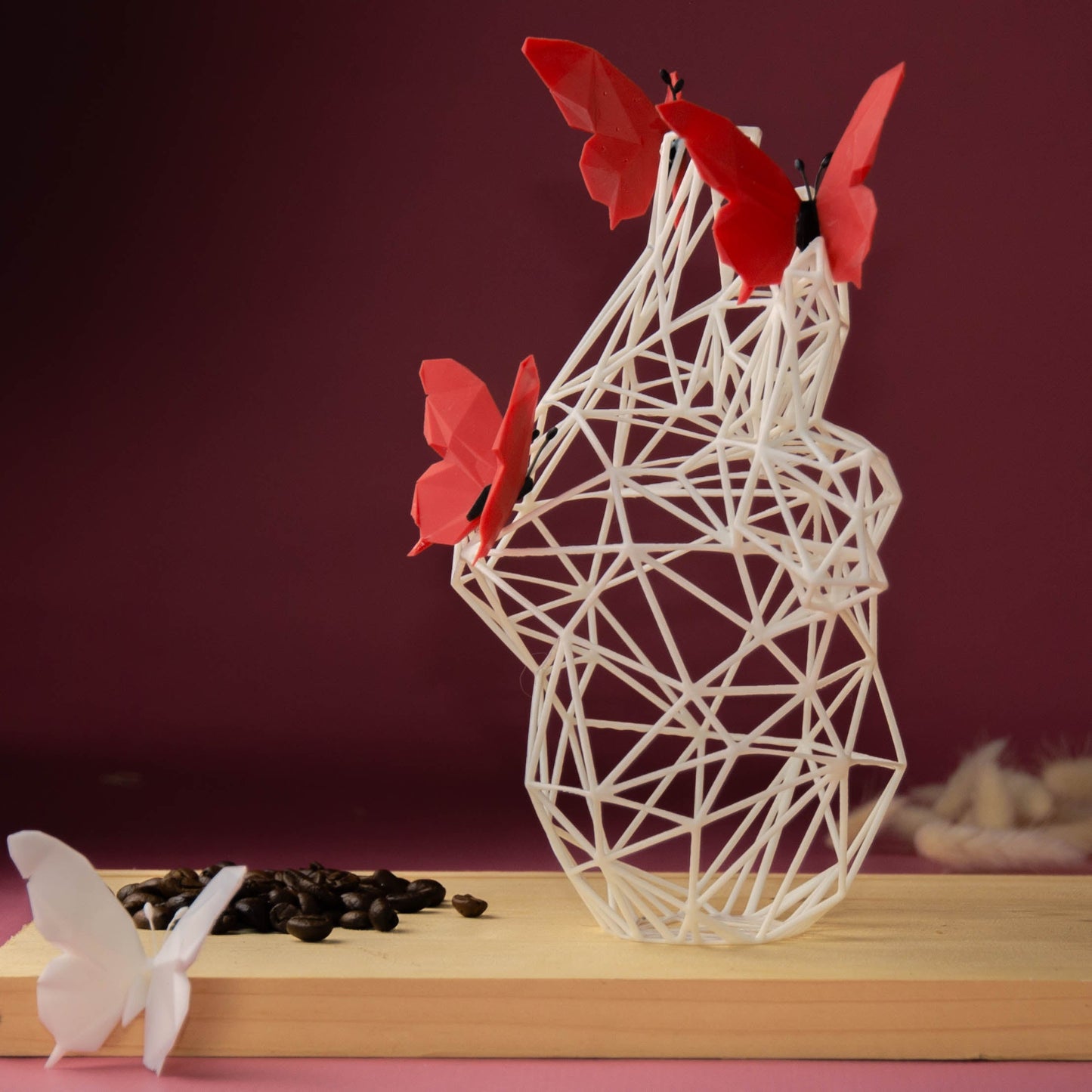 White Heart Sculpture with Red Butterflies – Art Collaboration -  Romantic Home Decor - “U Can Give Me Butterflies”-2