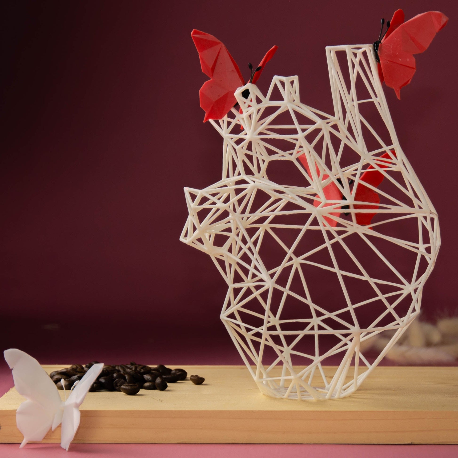 White Heart Sculpture with Red Butterflies – Art Collaboration -  Romantic Home Decor - “U Can Give Me Butterflies”-3