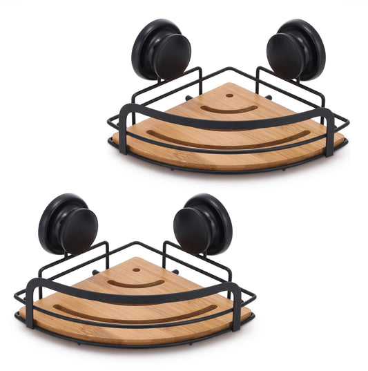 NNEDSZ 2 Pack Round Bamboo Corner Shower Caddy Shelf Basket Rack with Premium Vacuum Suction Cup No-Drilling for Bathroom and Kitchen-0