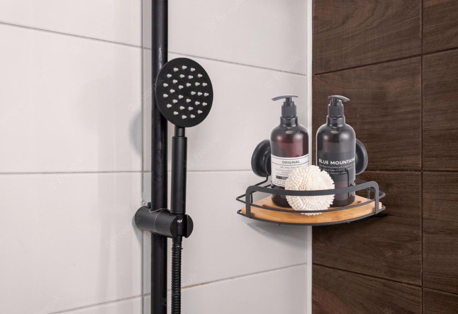 NNEDSZ 2 Pack Round Bamboo Corner Shower Caddy Shelf Basket Rack with Premium Vacuum Suction Cup No-Drilling for Bathroom and Kitchen-1