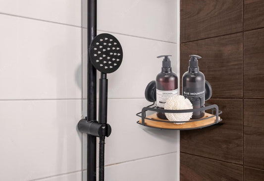 NNEDSZ 2 Pack Round Bamboo Corner Shower Caddy Shelf Basket Rack with Premium Vacuum Suction Cup No-Drilling for Bathroom and Kitchen-1