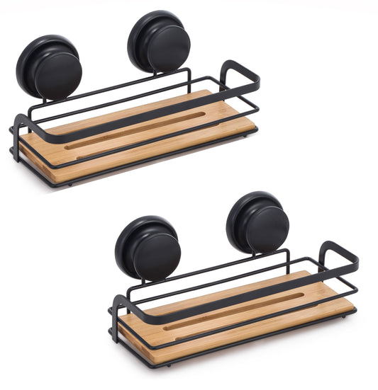 NNEDSZ 2 Pack Rectangular Bamboo Corner Shower Caddy Shelf Basket Rack with Premium Vacuum Suction Cup No-Drilling for Bathroom and Kitchen-0