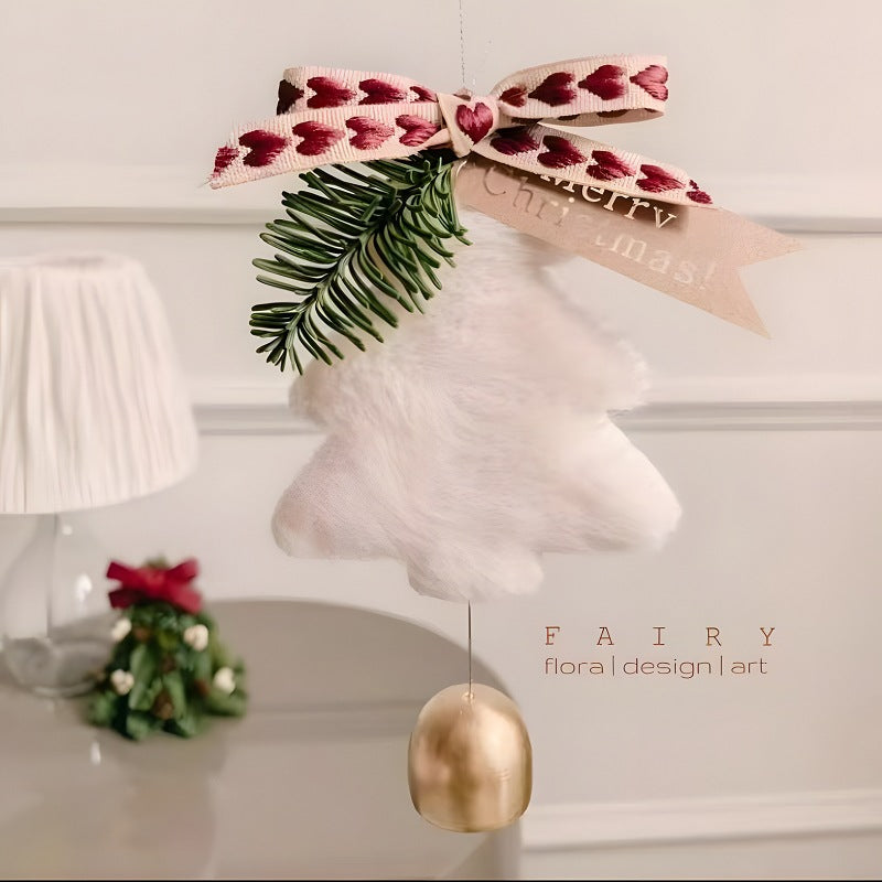 NNEDSZ White Velvet Christmas Tree Ornament with Golden Bell and Ribbon - Elegant Holiday Decor (5 pieces)-0