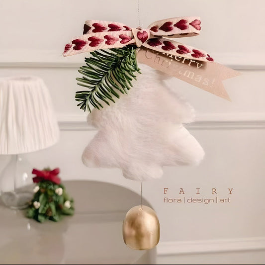 NNEDSZ White Velvet Christmas Tree Ornament with Golden Bell and Ribbon - Elegant Holiday Decor (5 pieces)-0