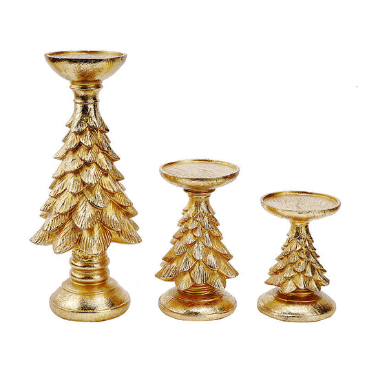 NNEDSZ Set of 3 Gold Christmas Tree Candle Holders - Festive Resin Pillar Stands, Elegant Holiday Decor-0