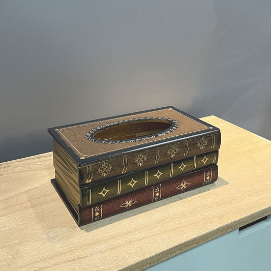 NNEDSZ 1 Piece Dark Yellow Vintage Wooden Tissue Box - Creative Book-Shaped Tissue Holder for Home and Restaurant-0