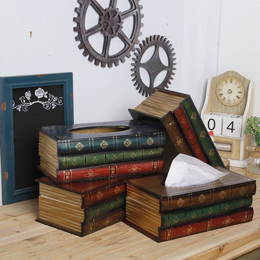 NNEDSZ 1 Piece Dark Yellow Vintage Wooden Tissue Box - Creative Book-Shaped Tissue Holder for Home and Restaurant-1