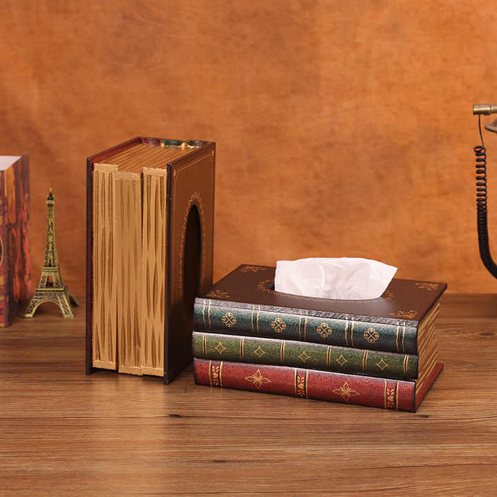 NNEDSZ 1 Piece Dark Yellow Vintage Wooden Tissue Box - Creative Book-Shaped Tissue Holder for Home and Restaurant-2
