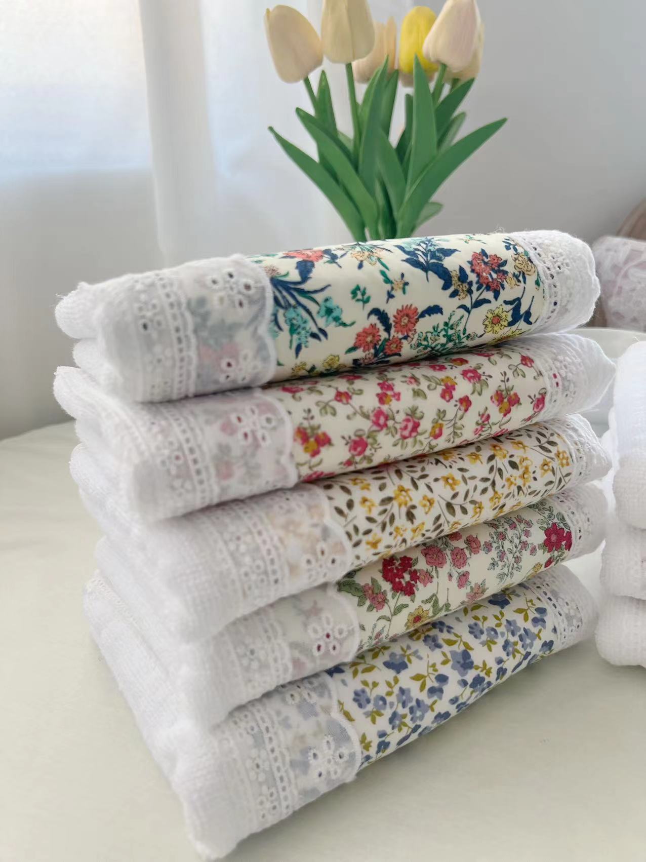 NNEDSZ 2 PCS Yellow Small Flower B 100% Cotton Solid Color Thickened Adult Face Towel with Floral Soft Texture - 35 x 75cm-1