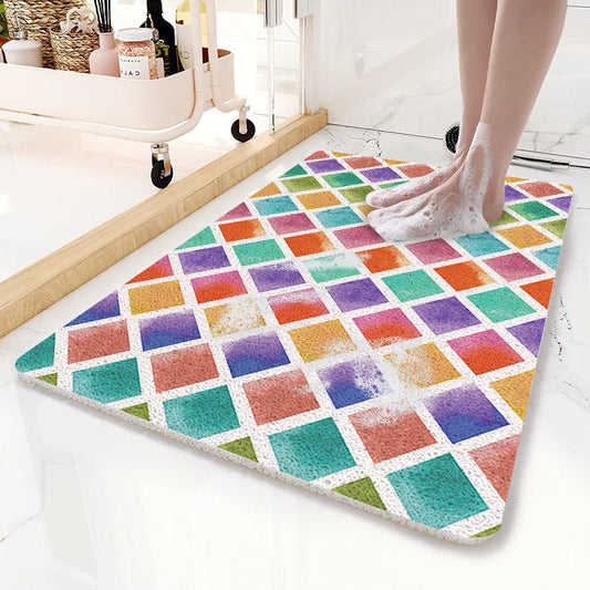 NNEDSZ Colorful Diamond Pattern  PVC Non-Slip Bath Mat 45x75cm - Shower Drain Hole Design, Soft & Quick-Dry Bathroom Rug-0