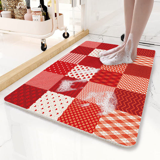 NNEDSZ Red Checkered Pattern  PVC Non-Slip Bath Mat 50x80cm - Shower Drain Hole Design, Soft & Quick-Dry Bathroom Rug-0