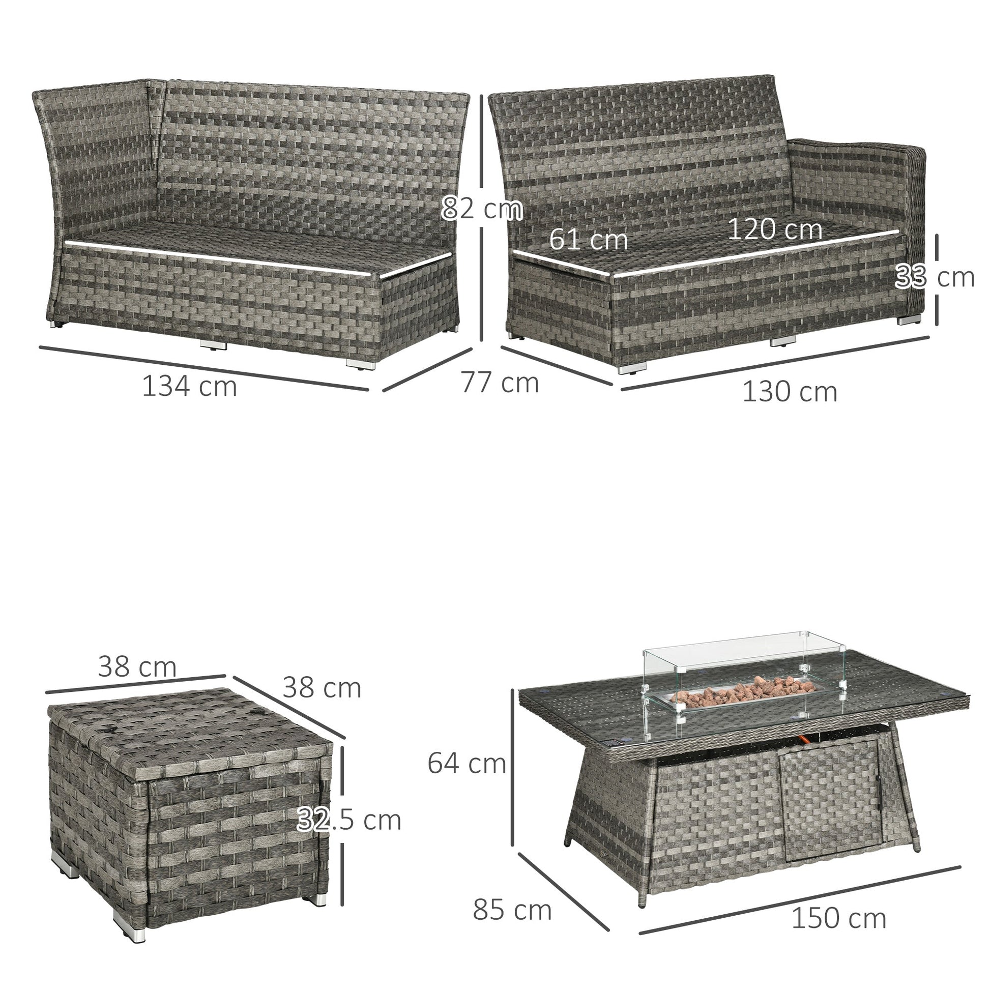 9 Piece PE Rattan Garden Furniture Set with 50,000 BTU Gas Fire Pit Table - Grey-2