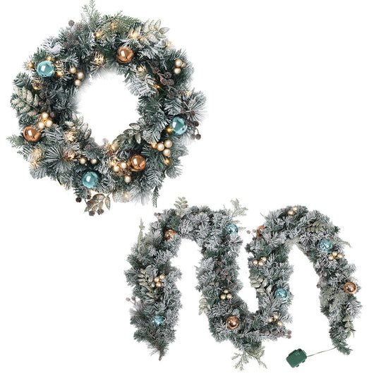 NNEDSZ Jingle Jollys 2.7m Christmas Garland with Wreath Set LED Lights Snowy Xmas Decor-0