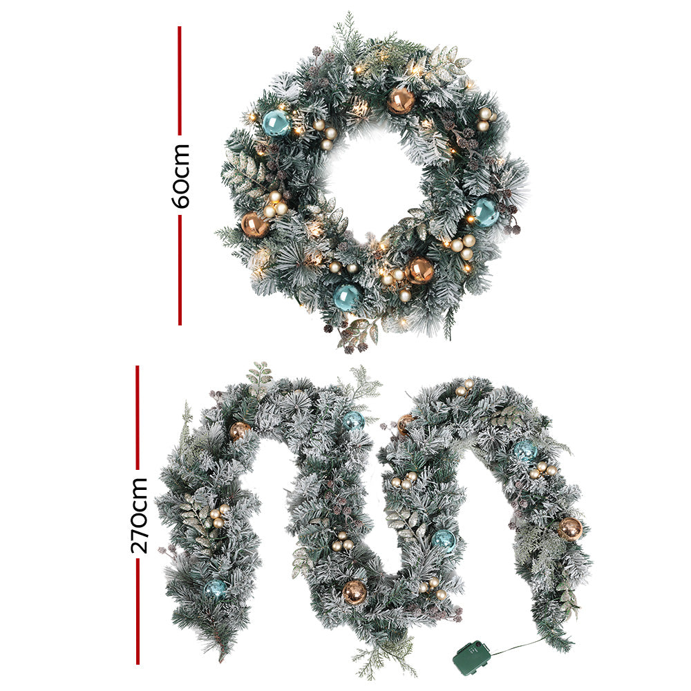 NNEDSZ Jingle Jollys 2.7m Christmas Garland with Wreath Set LED Lights Snowy Xmas Decor-1