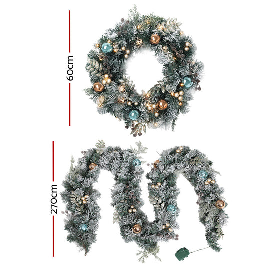 NNEDSZ Jingle Jollys 2.7m Christmas Garland with Wreath Set LED Lights Snowy Xmas Decor-1