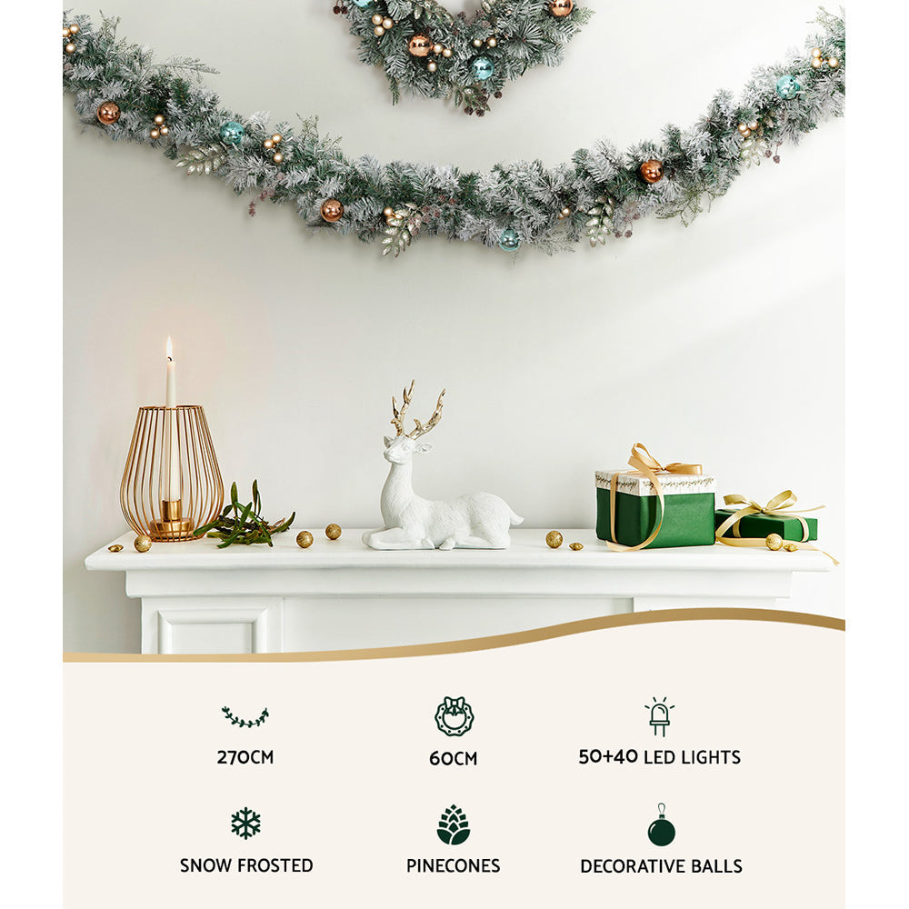 NNEDSZ Jingle Jollys 2.7m Christmas Garland with Wreath Set LED Lights Snowy Xmas Decor-2