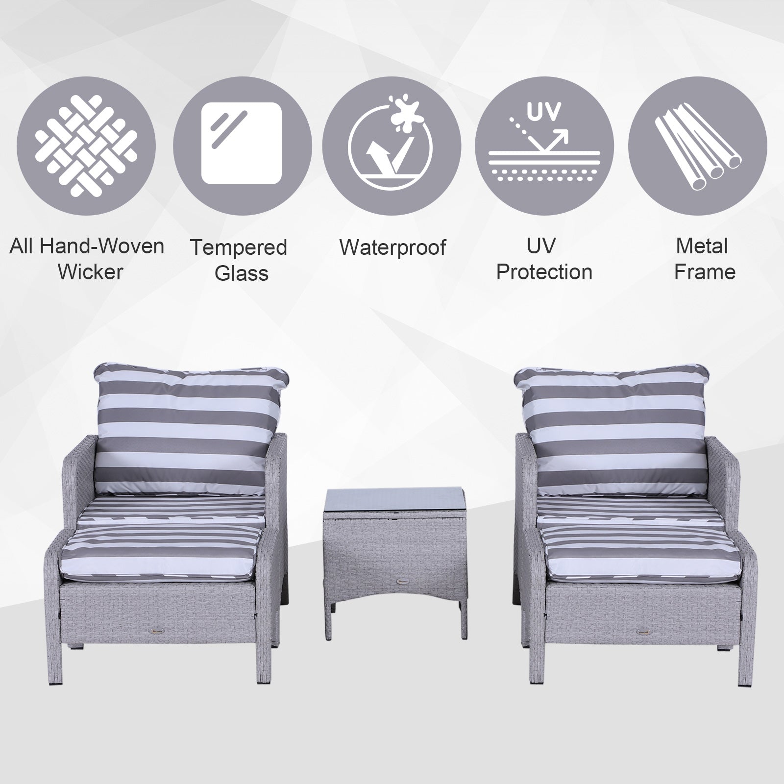 5 Piece PE Rattan Garden Furniture Set with Cushions and Glass Table - Grey-3
