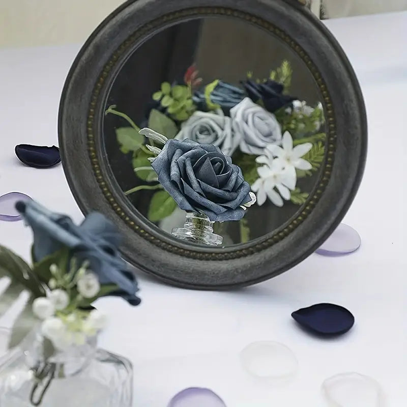 25-Piece Soft-Touch Foam Artificial Rose Flowers - Five Shades of Blue-1