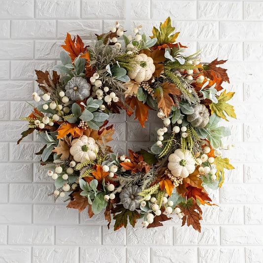 Halloween Winter Pumpkin Maple Leaf Wreath-1
