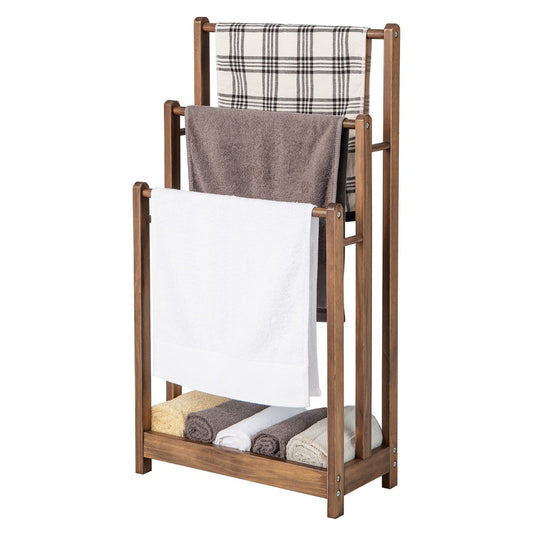 NNECW Freestanding Wood Towel Rack with Bottom Storage Shelf for Bathroom-Coffee-1