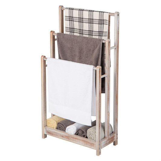 NNECW Freestanding Wood Towel Rack with Bottom Storage Shelf for Bathroom-White-1