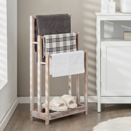 NNECW Freestanding Wood Towel Rack with Bottom Storage Shelf for Bathroom-White-0